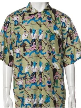 Prada Olive Green Novelty Sailor Print Short-Sleeve Button-Down Shirt